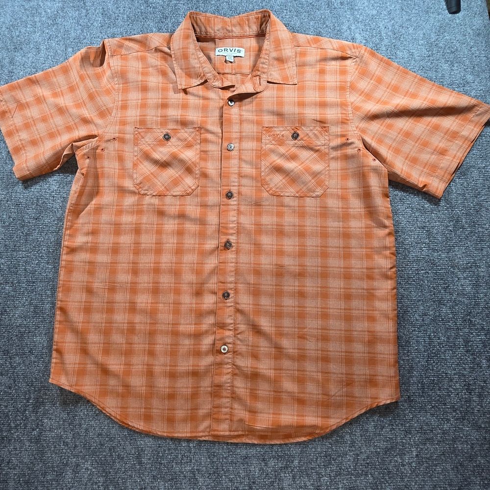 Orvis Mens Plaid Button Down Shirt Large Orange Outdoor Casual Short Sleeve